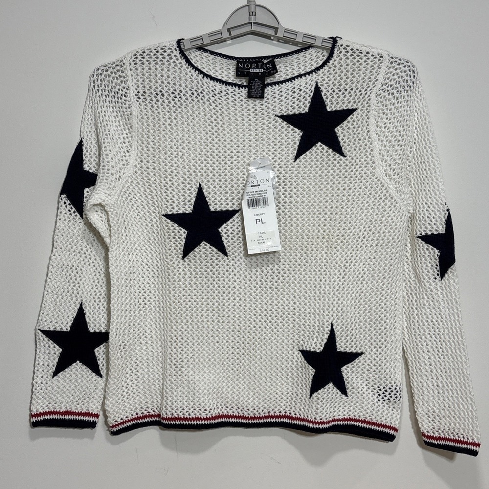 Vintage Open Knit Sweater White Blue Star Coastal Grandma Patriotic Petite Large